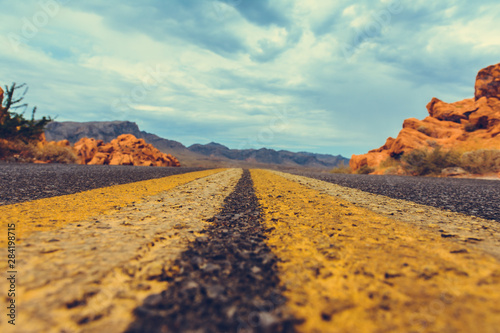 Classic american southwest road during a road trip to famous national parks