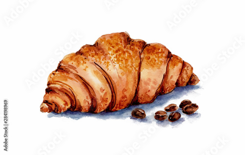 One croissant with coffee beans on a white background. Watercolor.