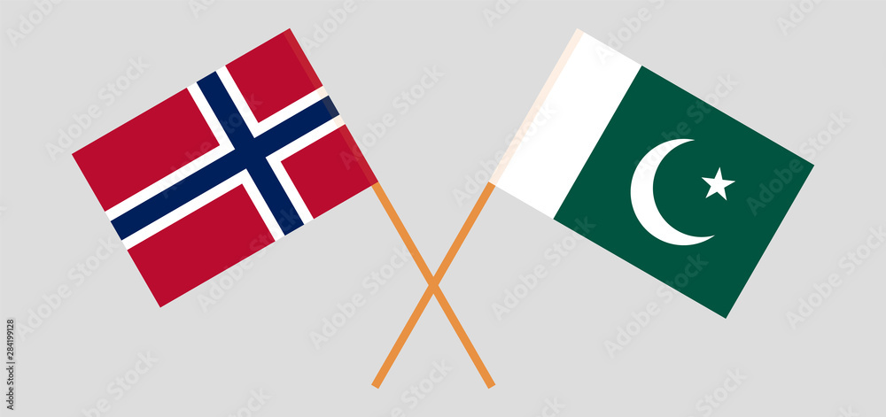 Pakistan and Norway. Crossed Pakistani and Norwegian flags Pakistan and Norway. Crossed Pakistani and Norwegian flags
