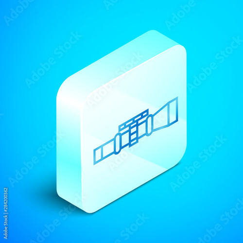 Isometric line Sniper optical sight icon isolated on blue background. Sniper scope crosshairs. Silver square button. Vector Illustration