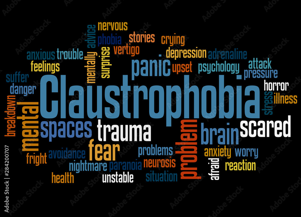 Claustrophobia fear of confined spaces word cloud concept 3 Claustrophobia fear of confined spaces word cloud concept 3
