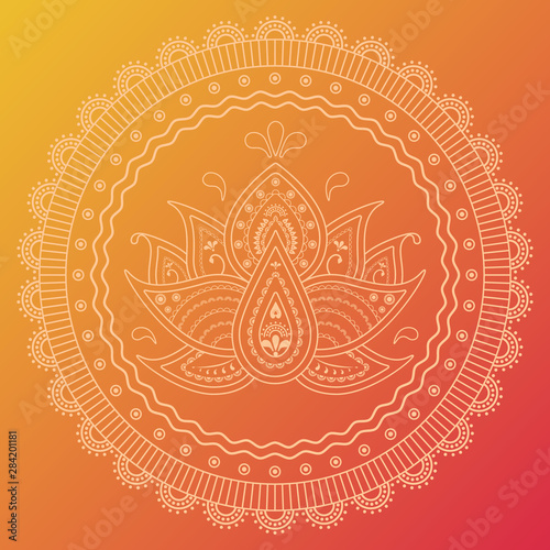 Floral mandala with lotus on orange background. Festive folk floral line art
