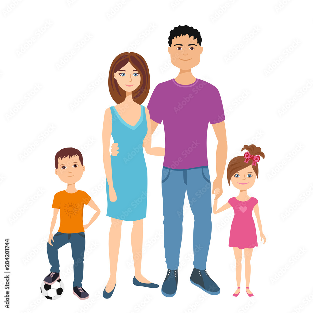 Mom, dad, son and daughter isolated on white background. Vector  illustration of a happy family. Man, woman, girl and boy in cartoon simple  flat style. Parents and children. Stock Vector | Adobe