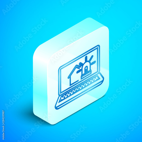 Isometric line Laptop with smart house and alarm icon isolated on blue background. Security system of smart home. Silver square button. Vector Illustration