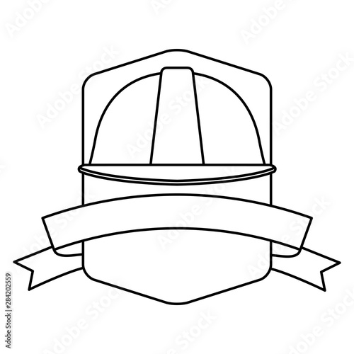 Construction helmet emblem with ribbon banner in black and white