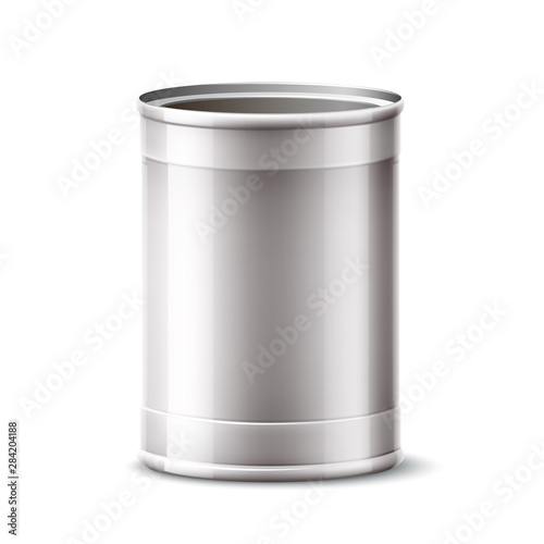 Realistic blank tin can. Vector silver container without label for food product design. Cylinder metal canister, aluminium store container.