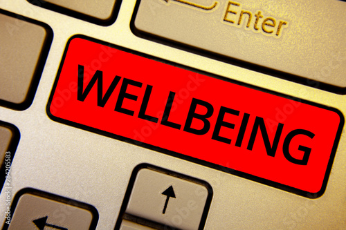 Text sign showing Wellbeing. Conceptual photo Healthy lifestyle conditions of people life work balance Keyboard brown keys yellow laptop idea create computer keypad laptop