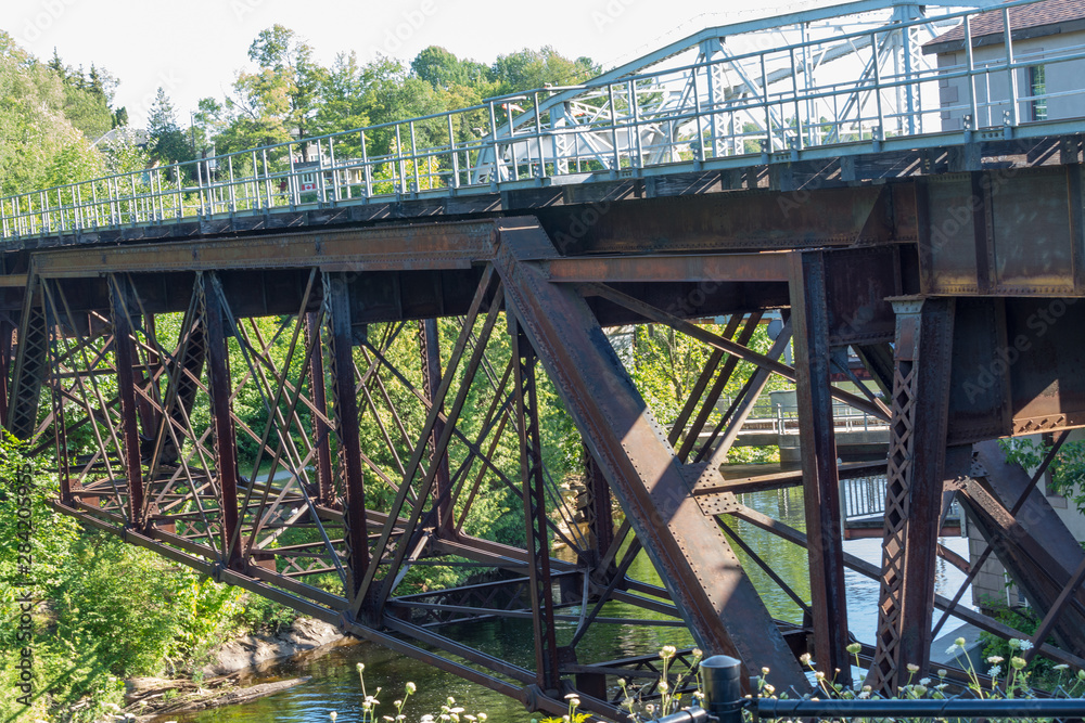 Fototapeta premium A fragment of the construction of a railway bridge across the river