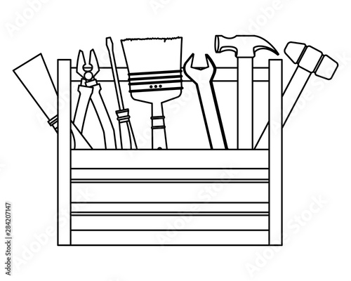 Toolbox with set of construction tools in black and white