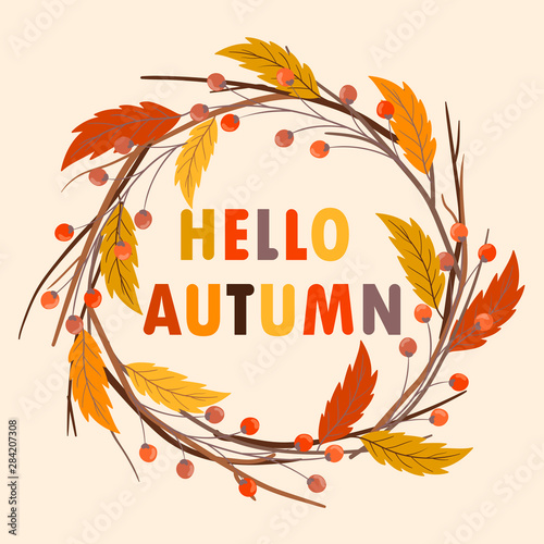 Hello autumn warm vector banner with hand drawn circle frame of autumn branches.