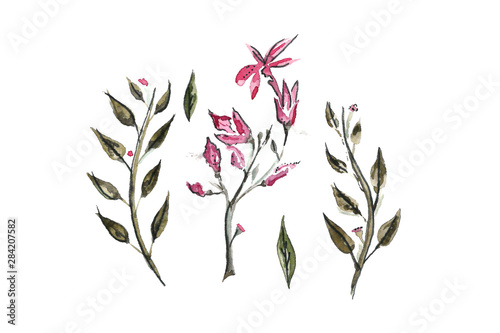 Fototapeta Naklejka Na Ścianę i Meble -  Watercolor branches with pink flowers and green leaves. Suitable for postcards, holiday