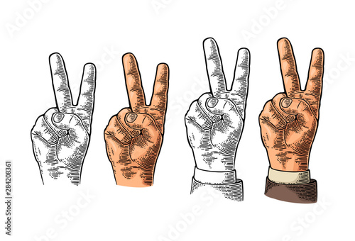 Female hand sign victory sign , or peace sign or scissors. Vector black vintage engraved illustration isolated on a white background. For web, poster, info graphic