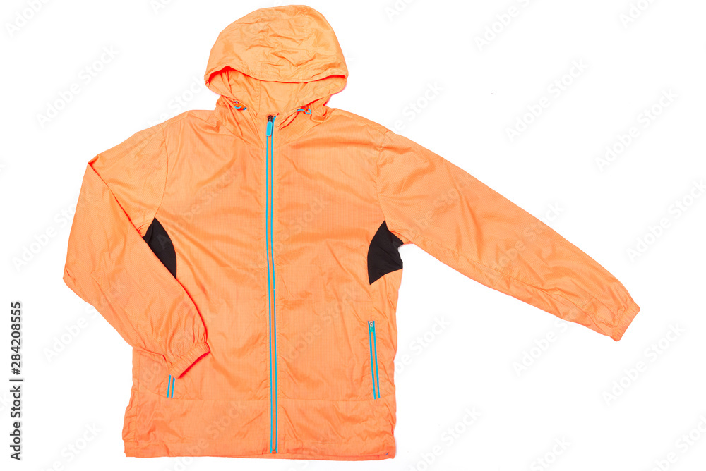 yellow-orange windbreaker jacket, rain proof jacket hoodie, track jacket sport nylon full zip isolated on white yellow-orange windbreaker jacket, rain proof jacket hoodie, track jacket sport nylon full zip isolated on white
