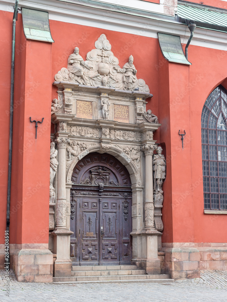 Saint James's Church, Stockholm, Sweden. Old wooden Church Door