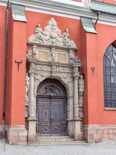 Saint James's Church, Stockholm, Sweden. Old wooden Church Door © mdyn