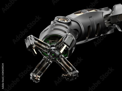 Robotic arm. Metallic mechanical hand. Industrial robot manipulator. Futuristic industrial technology. Isolated on black background. 3D Render	