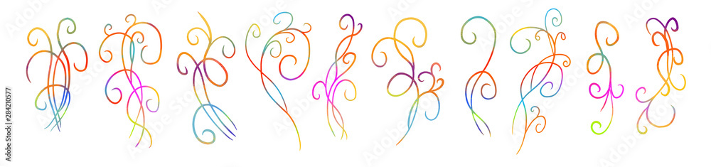 Vintage design elements. Varicoloured curly branches shapes isolated on white background. A set of multi-colored abstract curls. Vector illustration.Vector illustration. - obrazy, fototapety, plakaty 