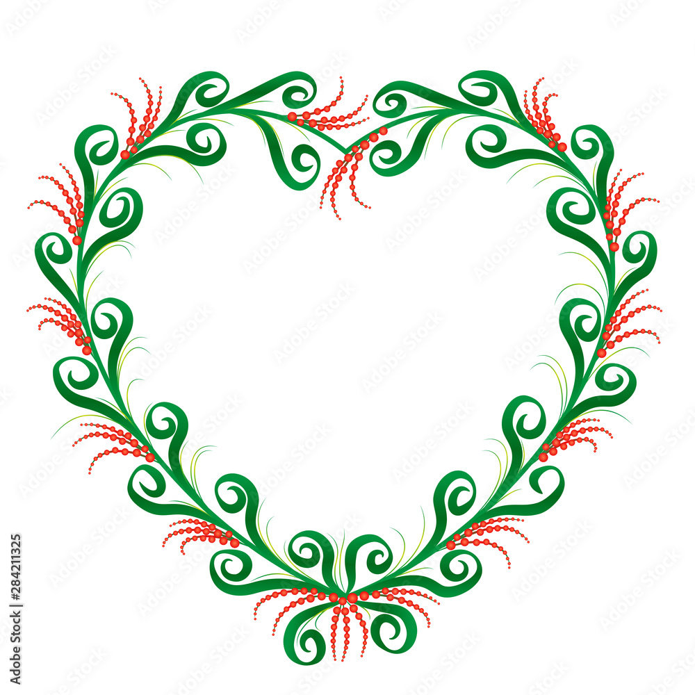 Heart shaped frame, rustic country style. Green and red ornament pattern with graceful and romantic spiral flourishes. Isolated vector illustration on white background. Heart shaped frame, rustic country style. Green and red ornament pattern with graceful and romantic spiral flourishes. Isolated vector illustration on white background.