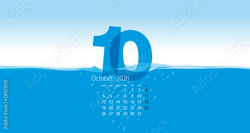 2020 New Desk Calendar October planner template wave water blue background