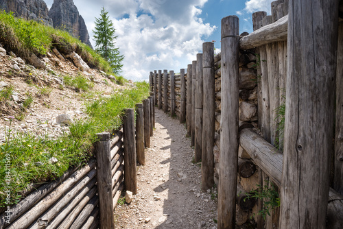 Restored trench of the first world war in open air museum in the dolomite mountains  Italy