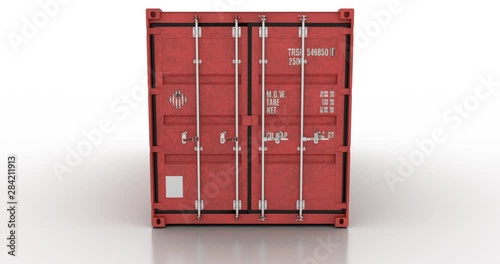 Camera moving into cargo shipping container while its doors being opened. Cargo shipping container doors opening inner space of cargo container is seen.