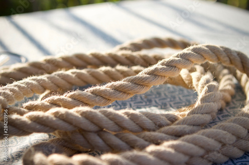 coiled natural hemp rope on a table