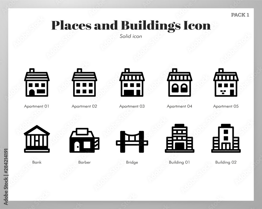 Places and buildings icons Solid pack