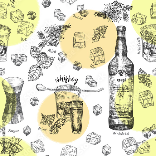 Seamless pattern Vintage hand drawn sketch design bar, restaurant, cafe menu background. Graphic vector art Iwhiskey with ice and mint Creative template for flyer, banner, poster