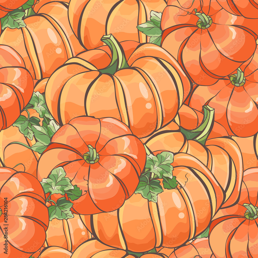 Seamless pattern with hand drawn pumpkin and leaves Seamless pattern with hand drawn pumpkin and leaves