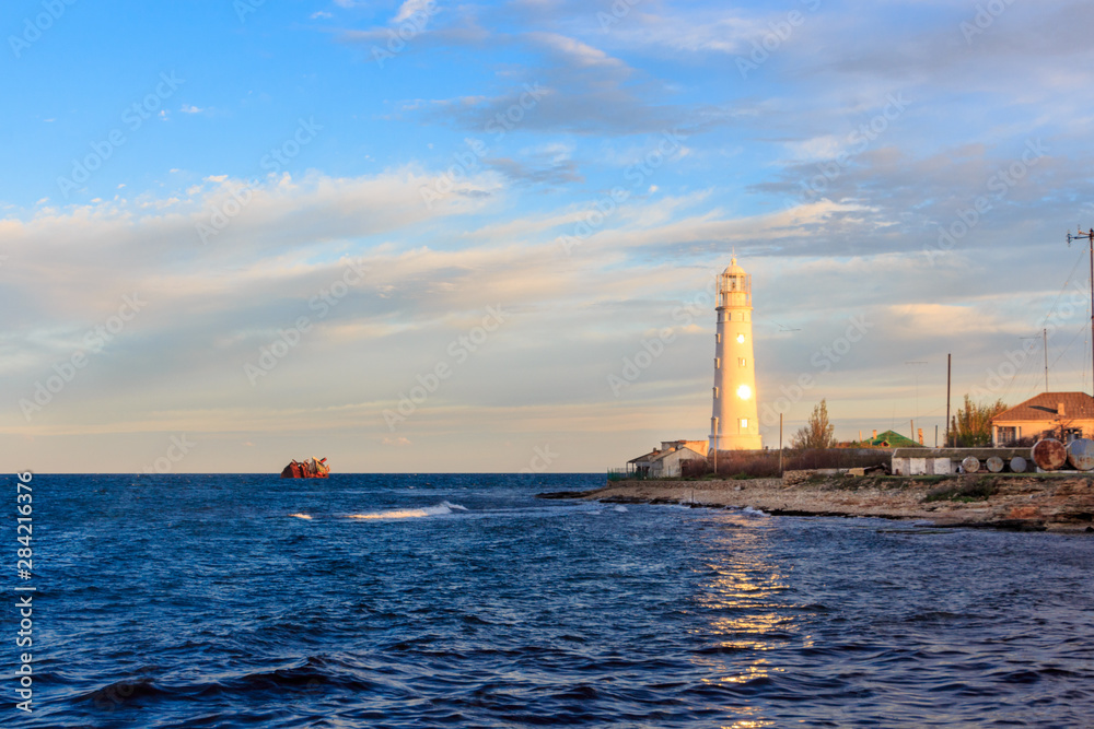 Lighthouse at Cape Tarkhankut at sunrise. Crimea.