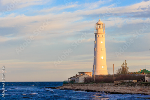 Lighthouse at Cape Tarkhankut at sunrise. Crimea.