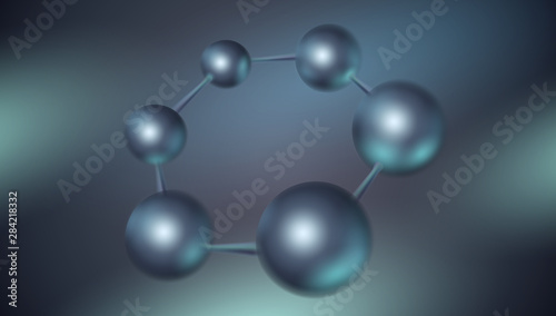 Blue color 3d molecule vector design. Science abstract background with molecular structure. Atoms model illustration, scientific banner for medicine, biology, chemistry or physics template