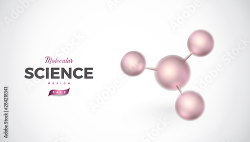 Science abstract vector background design with molecular structure. 3d molecules or atoms model illustration, scientific banner for medicine, biology, chemistry or physics template
