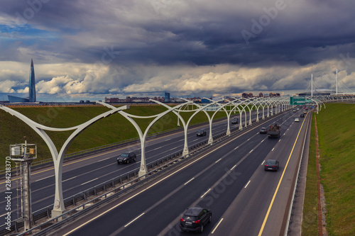highway traffic from the south to the center of Saint-Petersburg, Russia