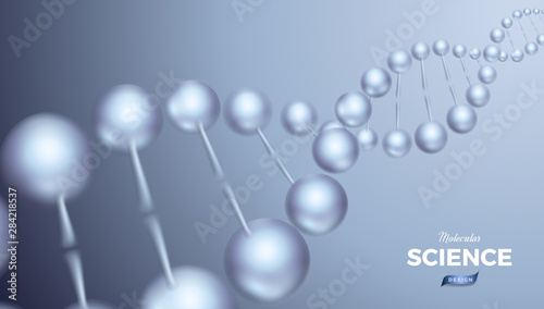 Science abstract vector background design with DNA molecular structure. Soft blue color 3d molecules luxury illustration, scientific banner for medicine, biology, cosmetics template