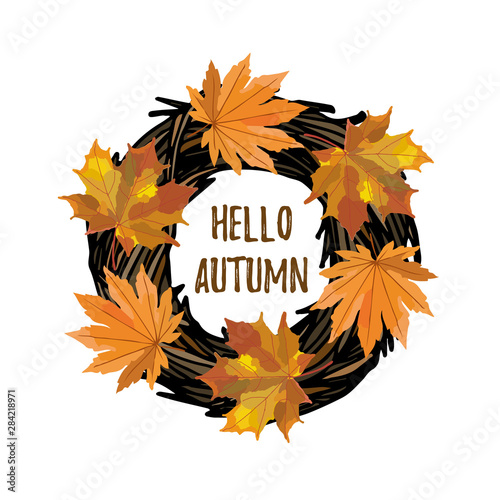 Autumn leaves wreath with hello autumn text