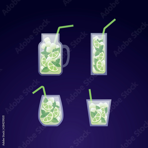 Vector modern flat mojito cocktail illustration set. Glass with classical green mohito drink isolated on gradient blue background. Design element for alcoholic beverage menu, ad, restaurant, cafe.