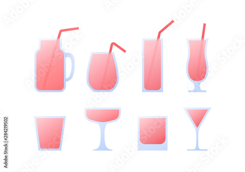 Vector modern flat cocktail icon set. Glasses with straw and pink fluid isolated on white background. Design collection of element for alcoholic beverage menu  ad  restaurant  cafe.