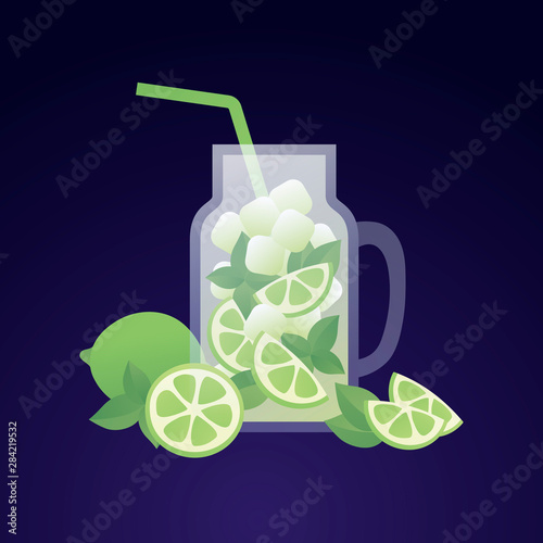 Vector modern flat mojito cocktail illustration. Decanter with green lime, mint and ice drink isolated on gradient blue background. Design element for alcoholic beverage menu, ad, restaurant, cafe.