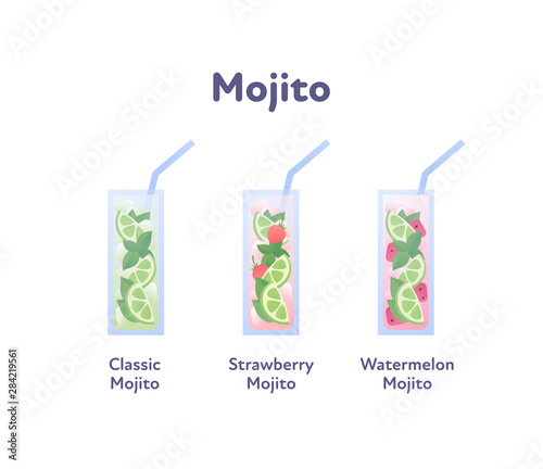 Vector modern flat mojito cocktail illustration set. Color glass with classical, watermelon, strawberry drink isolated on white. Design element for alcoholic beverage menu, ad, restaurant, cafe.