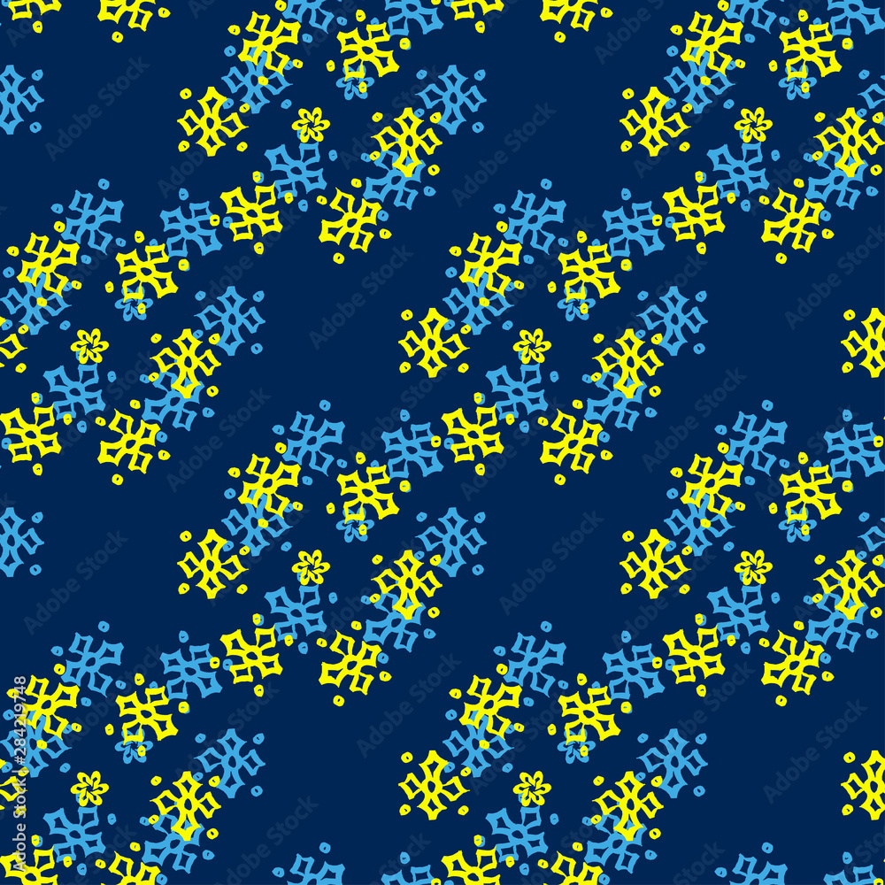 Fototapeta premium Dark blue seamless pattern with yellow, blue snowflakes. Hand drawn festive background for Christmas, New Year holidays design, fashion, wraps gifts, textile, fabric, decor. Bright magic snow backdrop