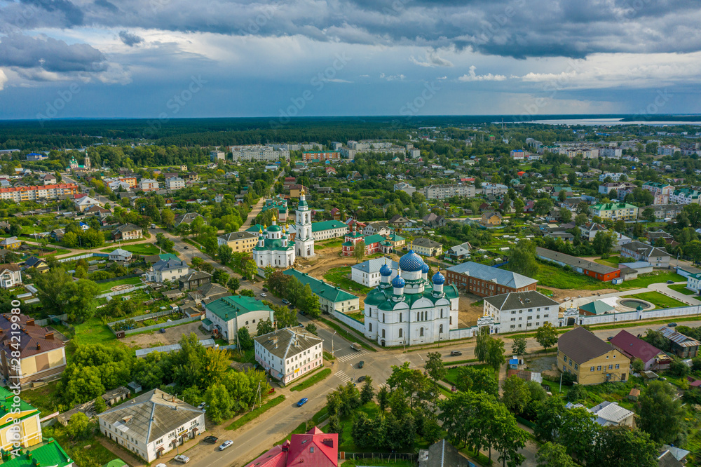 Uglich, Russia. Historic city center, historic buildings, drone aerial view