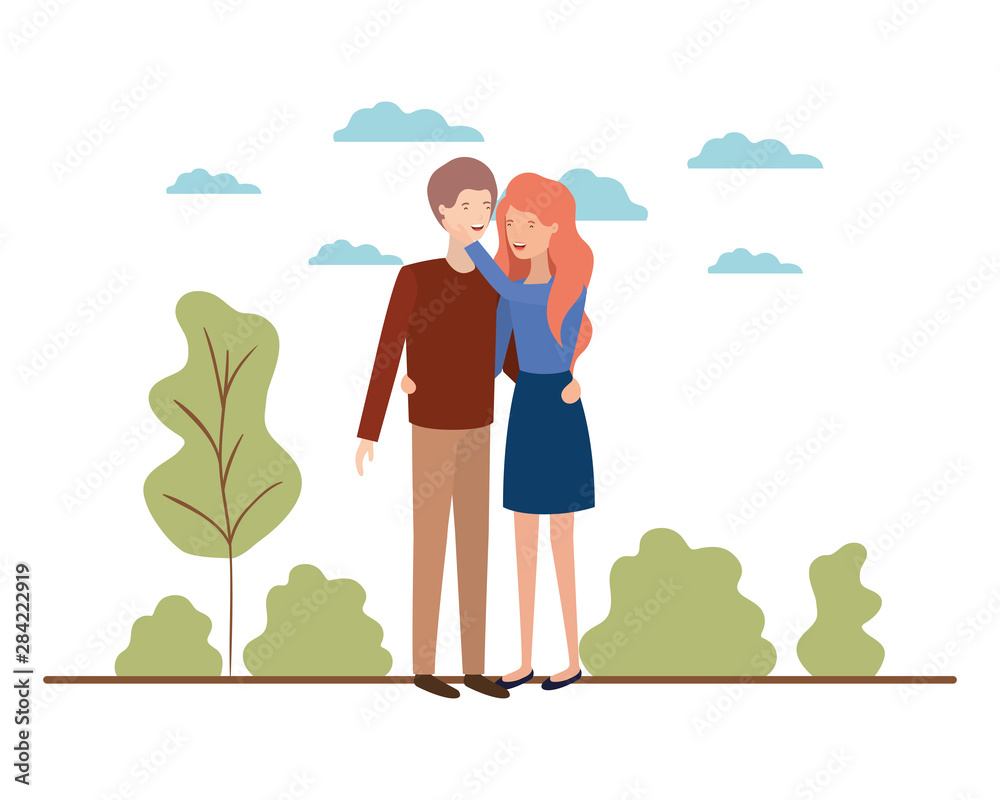 young couple with landscape avatar character young couple with landscape avatar character