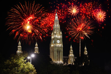 Vienna City Hall with fireworks in the background