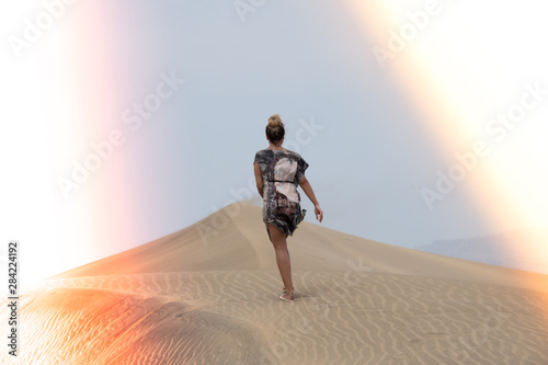 Girl Walking In Sand Dunes Gran Canaria