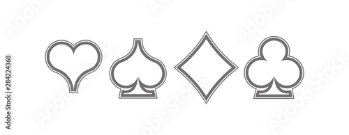 Set diamonds, clovers, hearts and spades Four Playing card suits line icons template. High quality outline Playing card suit symbol pictogram for web design or mobile app isolated on white background
