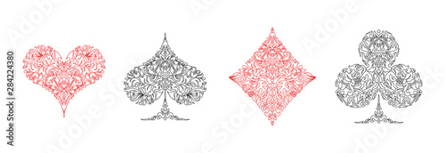 Set of 4 Playing card suits icons decoration pattern diamonds, clovers, hearts, spades template black and red. Playing card suit ornament symbol pictogram for poker casino isolated on white background photo