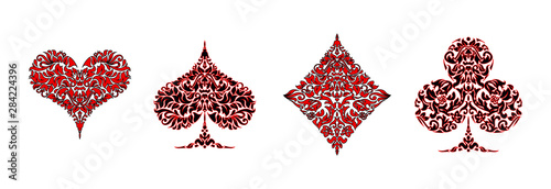 Set of 4 Playing card suits icons decoration pattern diamonds, clovers, hearts, spades template black and red. Playing card suit ornament symbol pictogram for poker casino isolated on white background