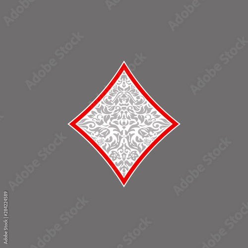 Poker playing card suit Diamonds design shape single icon. Diamonds suit of playing card used for ace in Las Vegas royal casino. Single icon pattern isolated on gray. Ornament drawing pic for tattoo