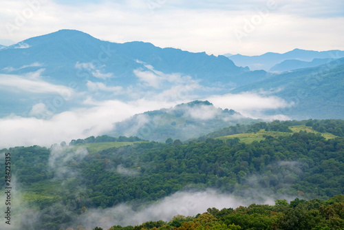 Scenic view of foggy mountains. Clouds and green mountain forest view